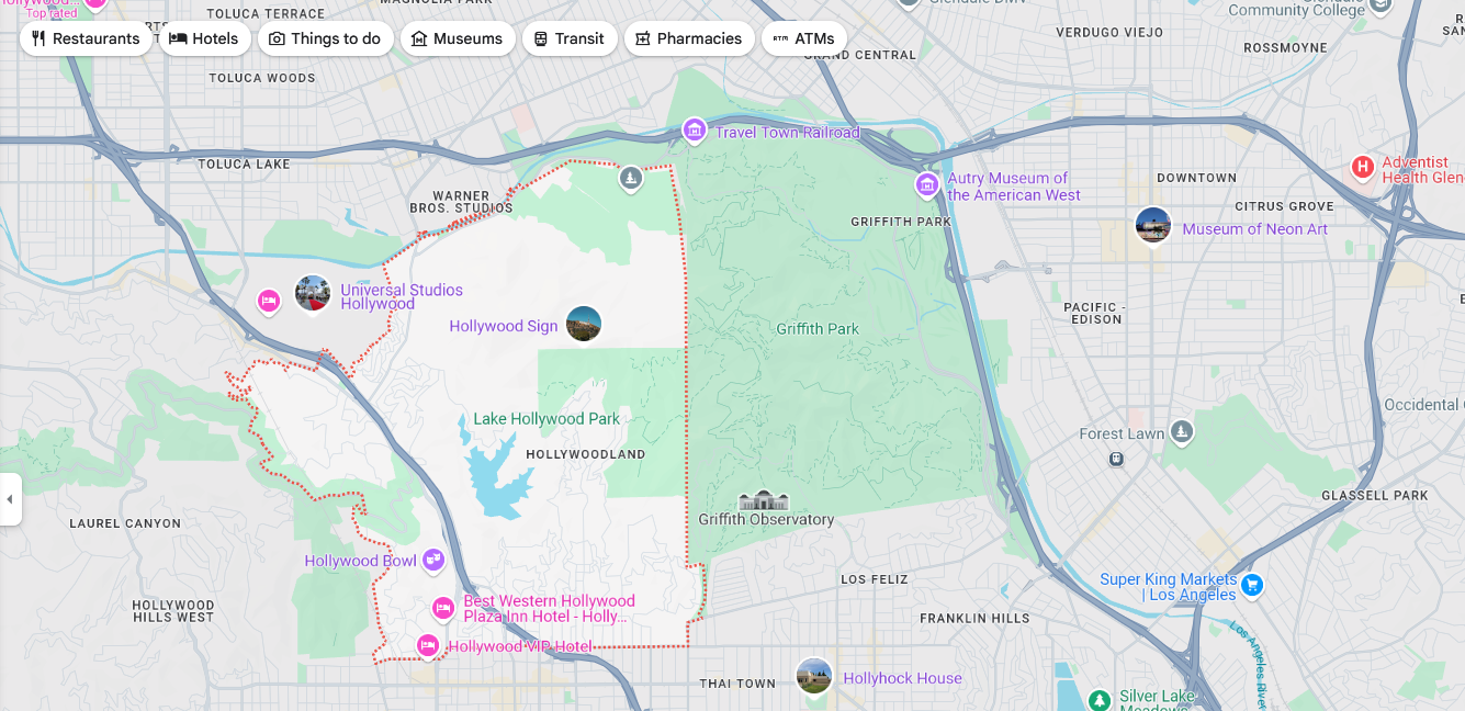 Hollywood Hills map from Google