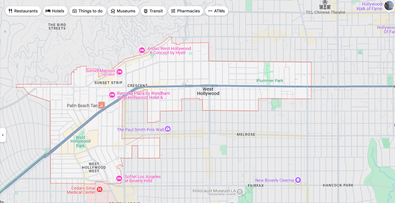 West Hollywood map from Google