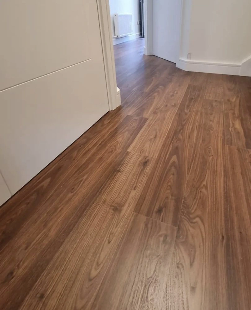 Laminate flooring installation in progress