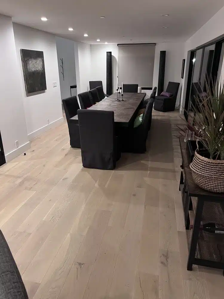 Engineered wood floor installation in progress