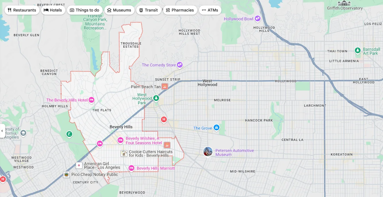 Beverly Hills map from Google Map of Beverly Hills and the surrounding neighbourhoods served