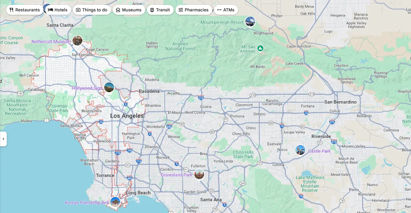 Los Angeles area map marking the neighbourhoods served from Beverly Hills