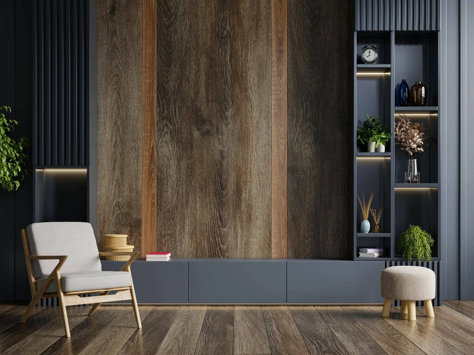 Modern living room concept with a dark timber wall and dark plank flooring