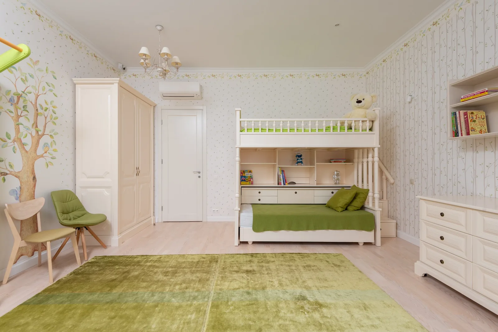 Children's room with light laminate plank flooring and a bunk bed Children's room with light laminate plank flooring and a bunk bed